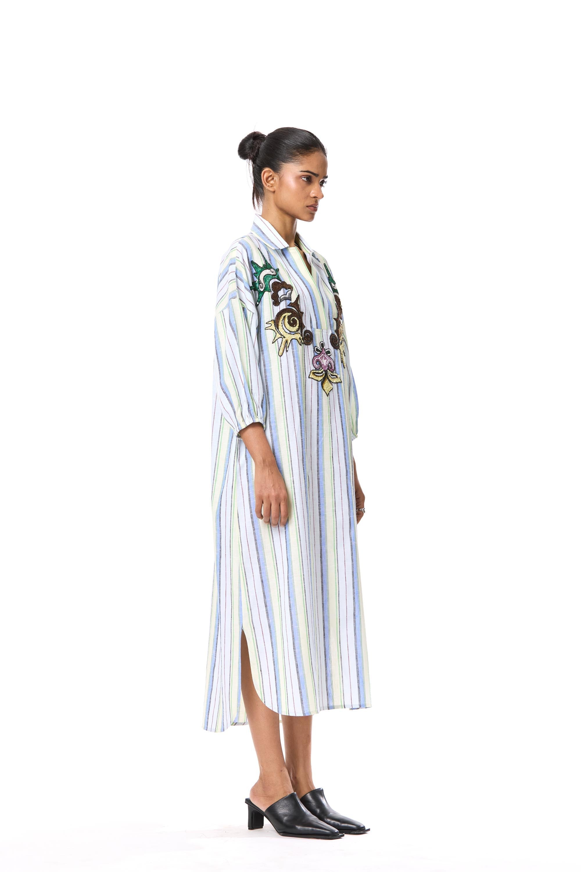 'SUN VEIL' EMBELLISHED LINEN MIDI DRESS - Kanika Goyal Label