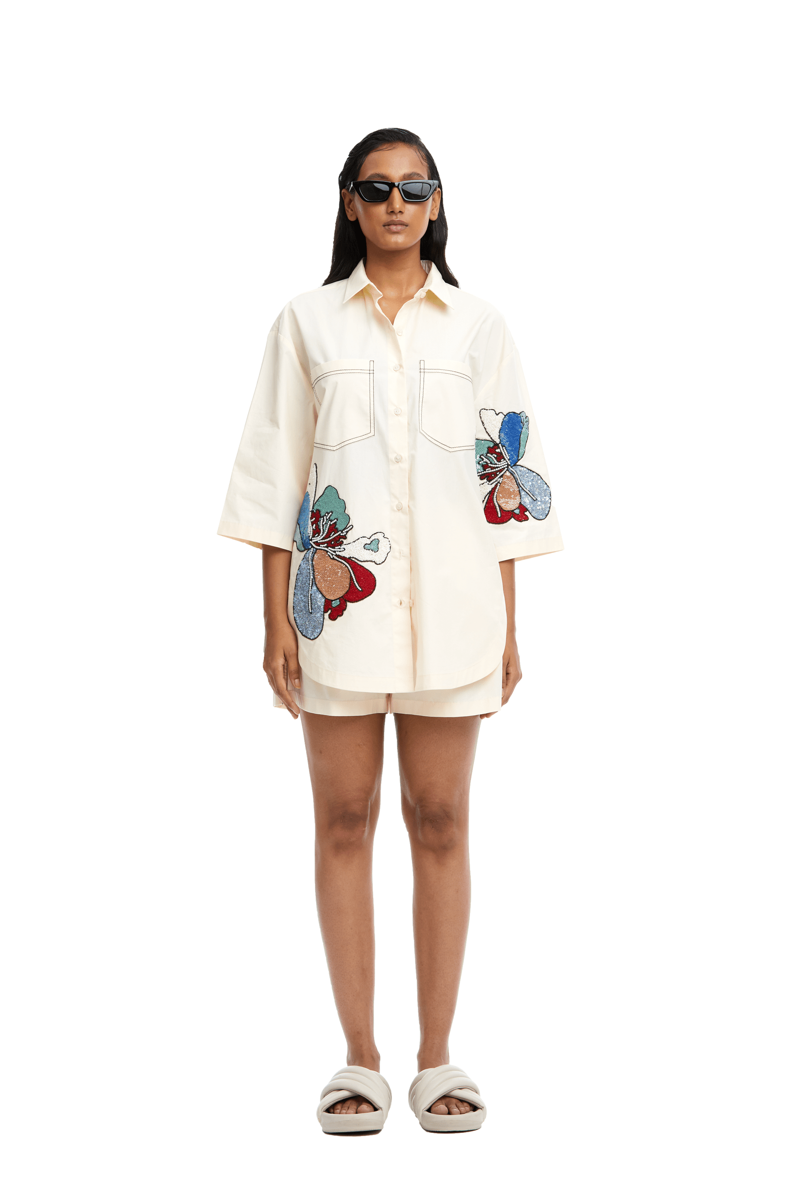 Twin Peonies' Hand Embellished Shirt - Kanika Goyal Label