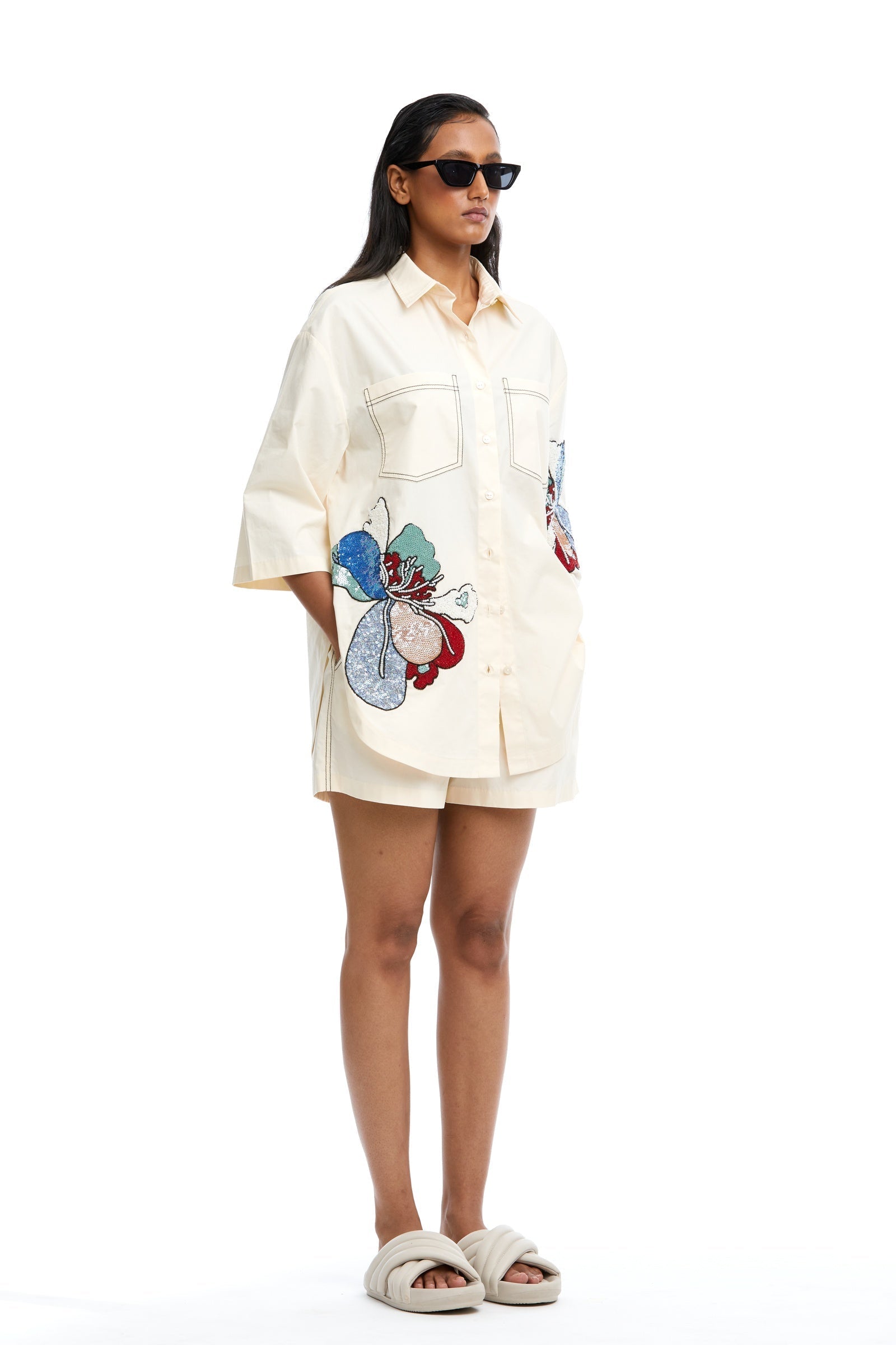 Twin Peonies' Hand Embellished Shirt - Kanika Goyal Label
