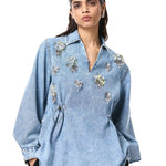'VELNYX' EMBELLISHED DENIM TOP - Kanika Goyal Label