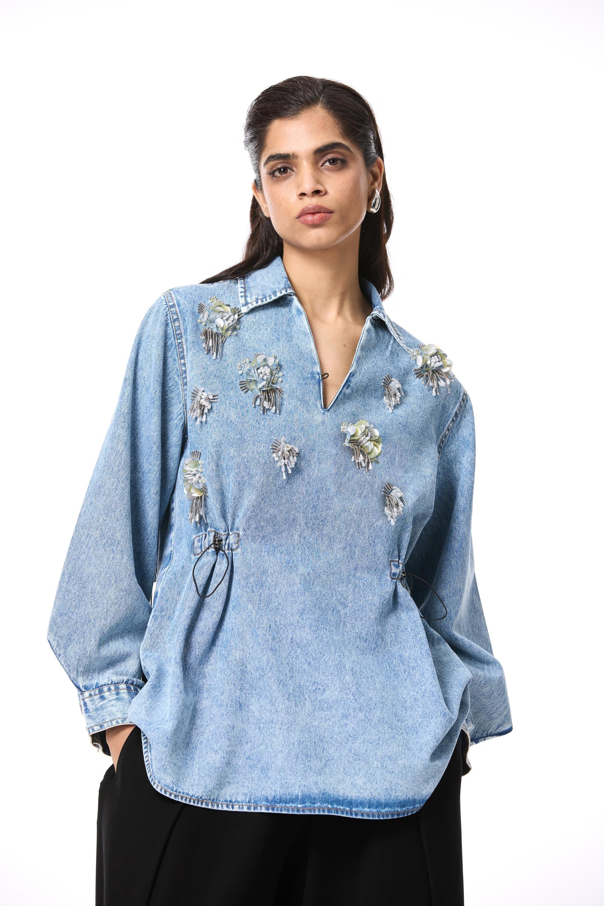 'VELNYX' EMBELLISHED DENIM TOP - Kanika Goyal Label