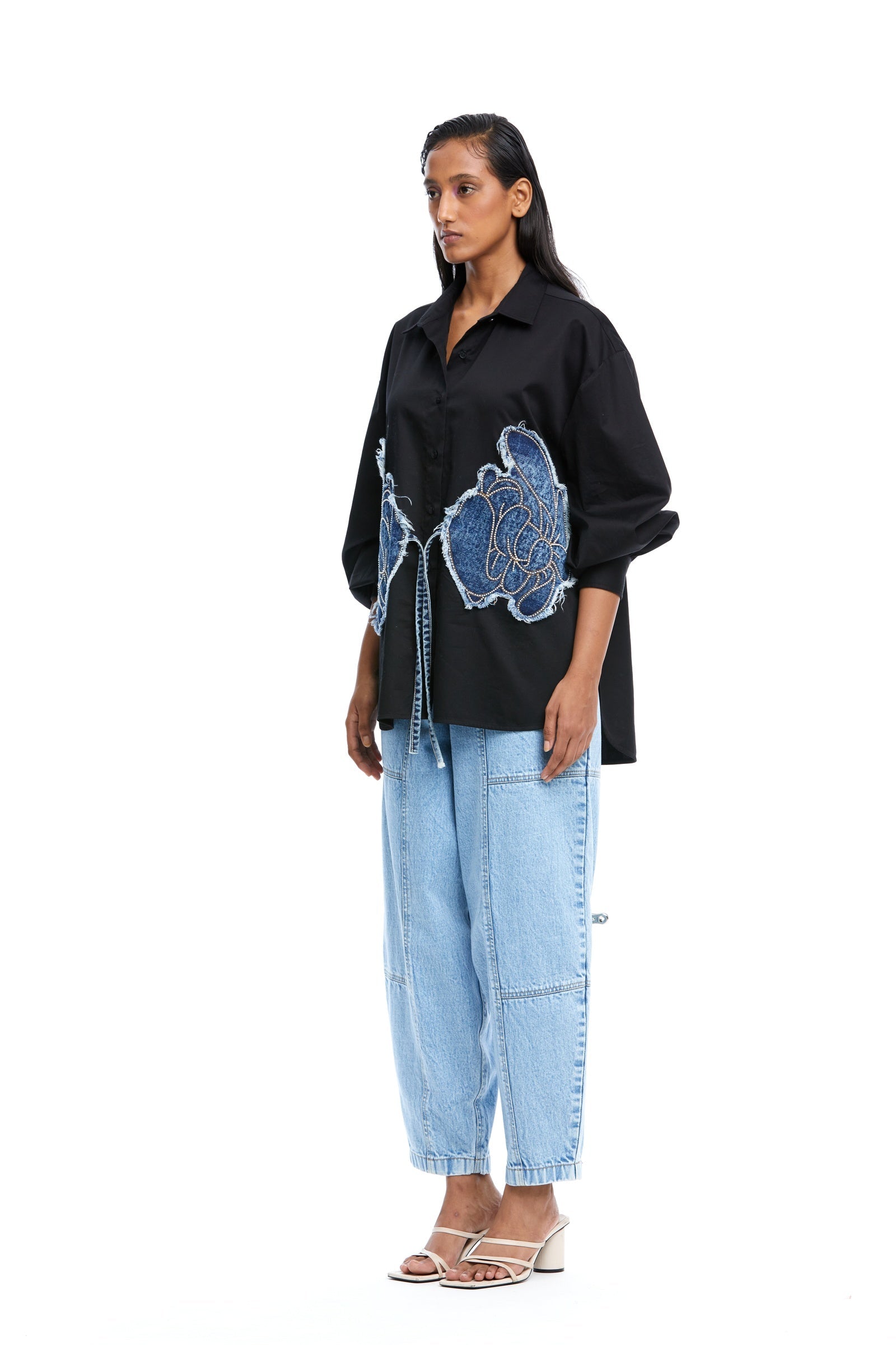 Warped Vine' Denim Appliqué Shirt - Kanika Goyal Label