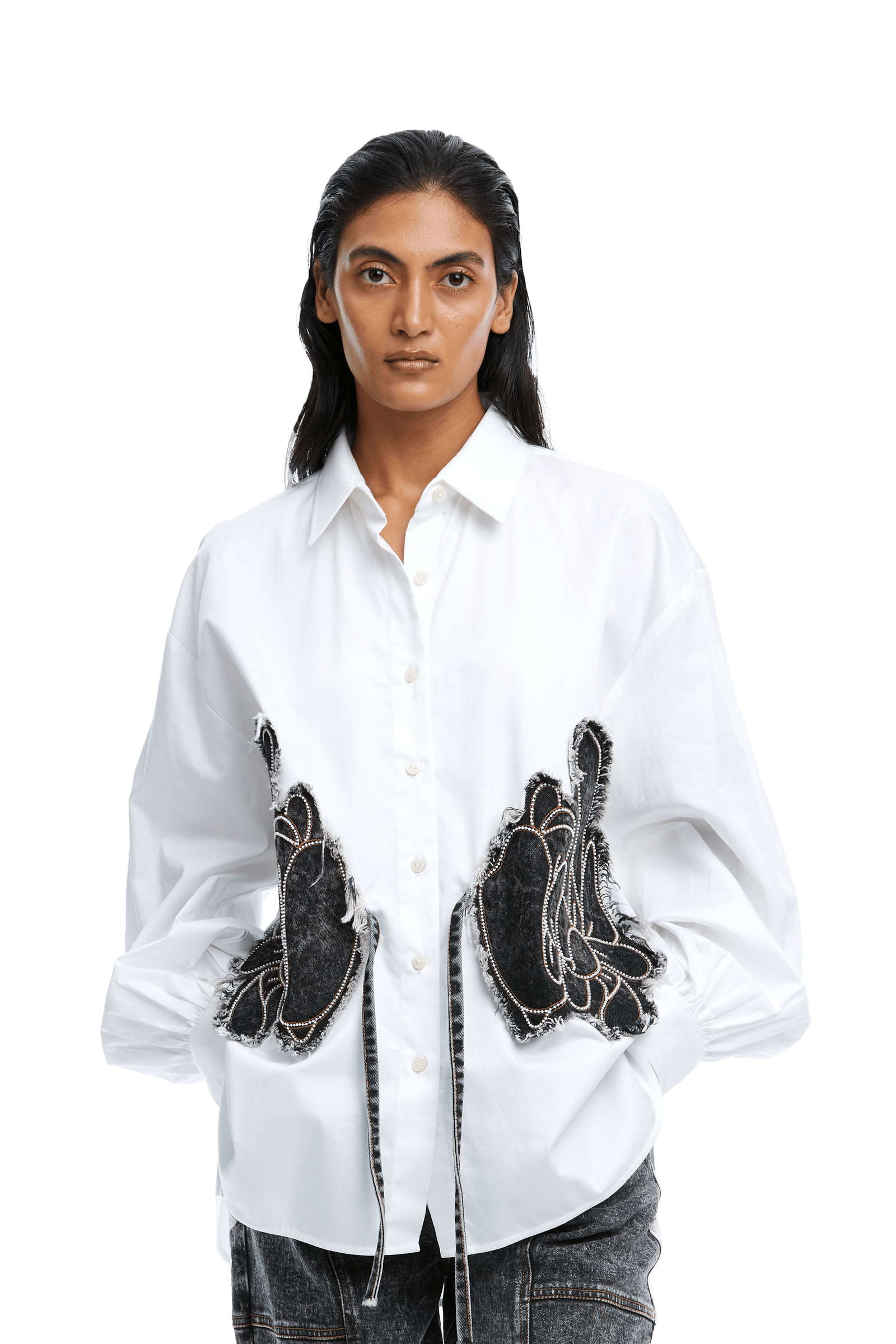 Warped Vine' Denim Appliqué Shirt - Kanika Goyal Label