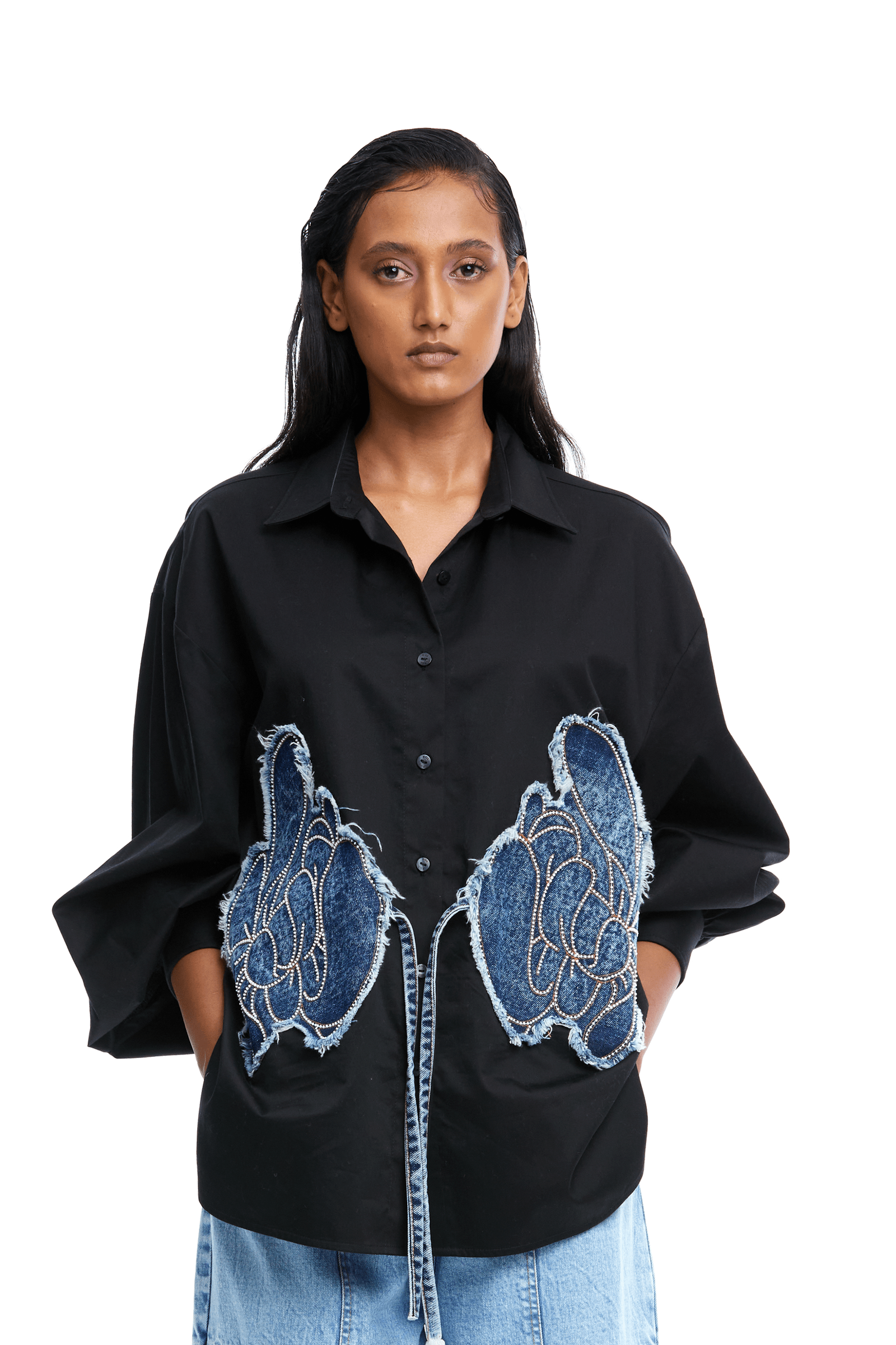 Warped Vine' Denim Appliqué Shirt - Kanika Goyal Label