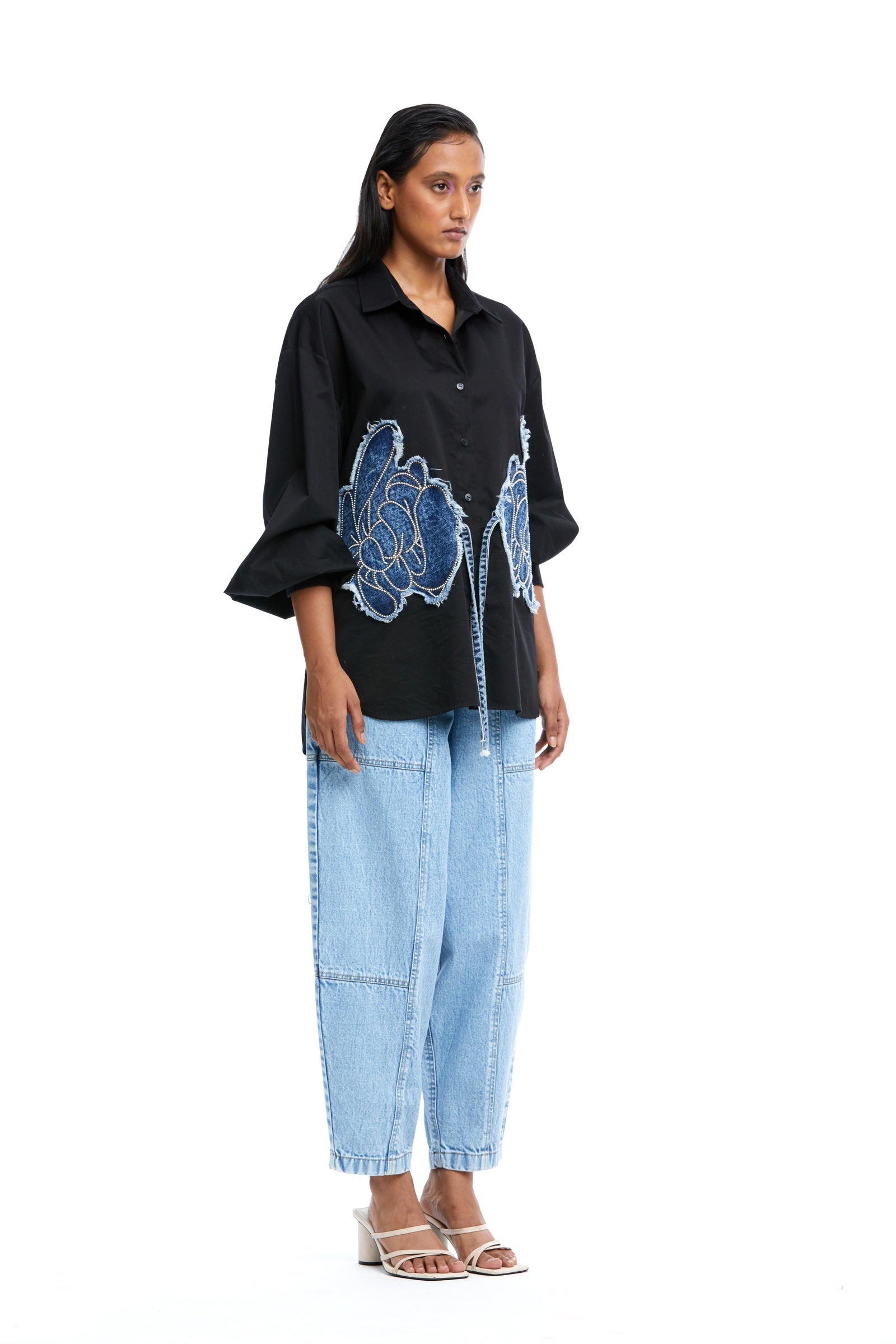 Warped Vine' Denim Appliqué Shirt - Kanika Goyal Label