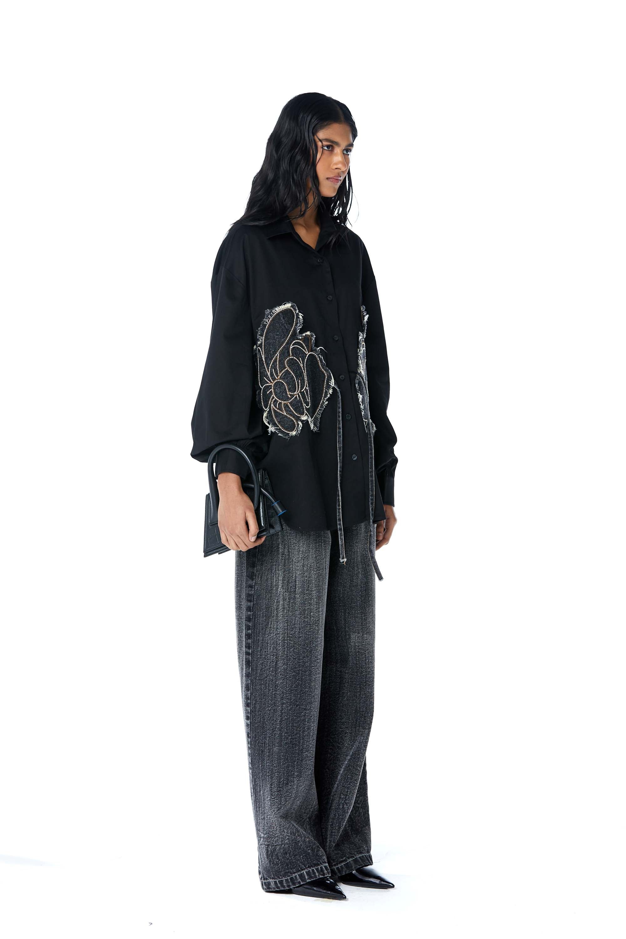 WARPED VINE' Denim Appliqué Shirt - Kanika Goyal Label