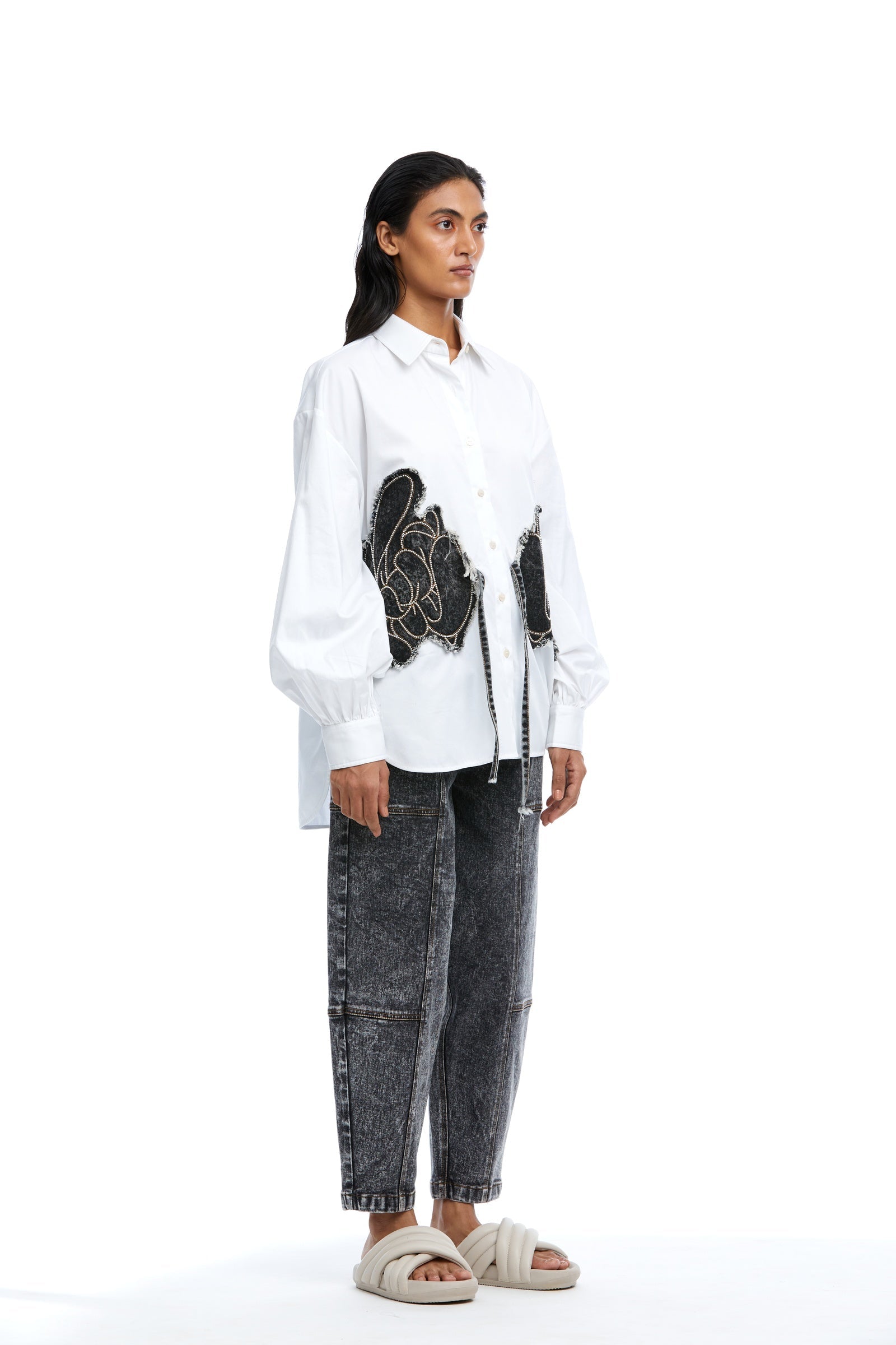Warped Vine' Denim Appliqué Shirt - Kanika Goyal Label