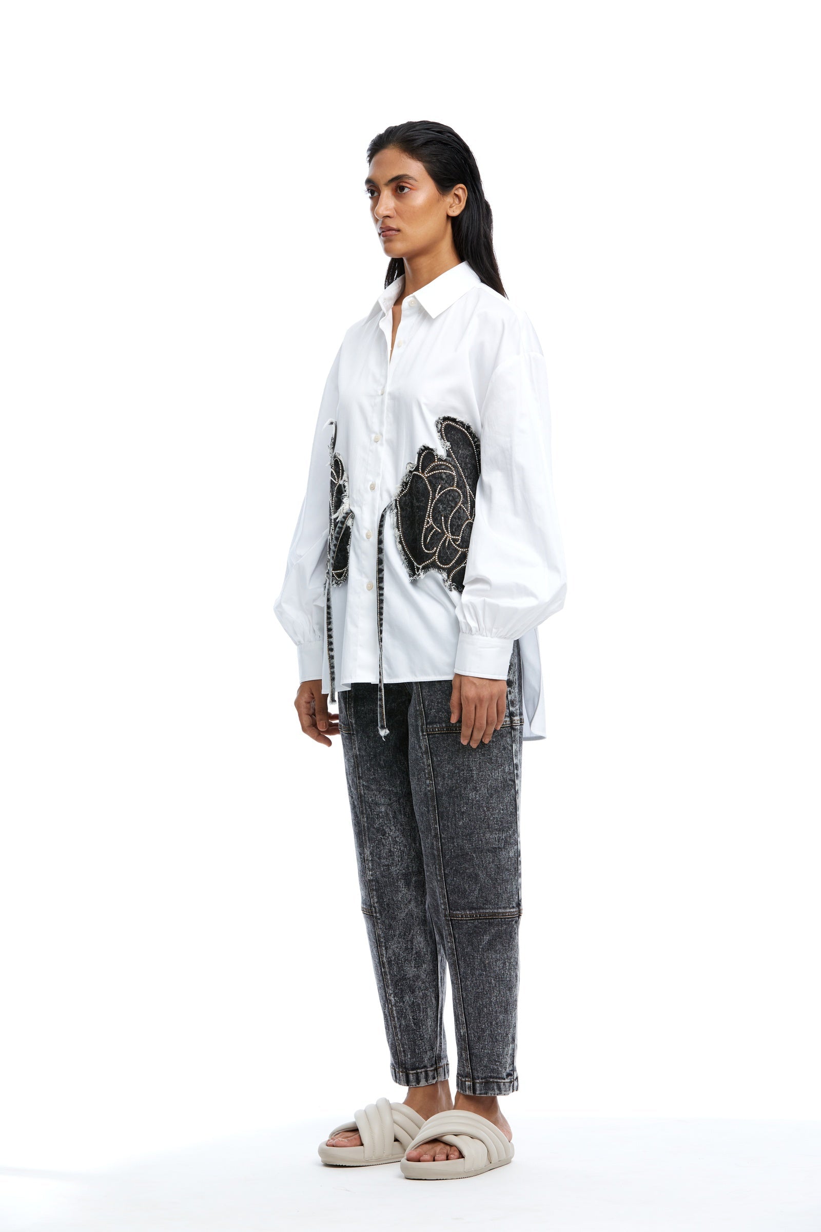 Warped Vine' Denim Appliqué Shirt - Kanika Goyal Label