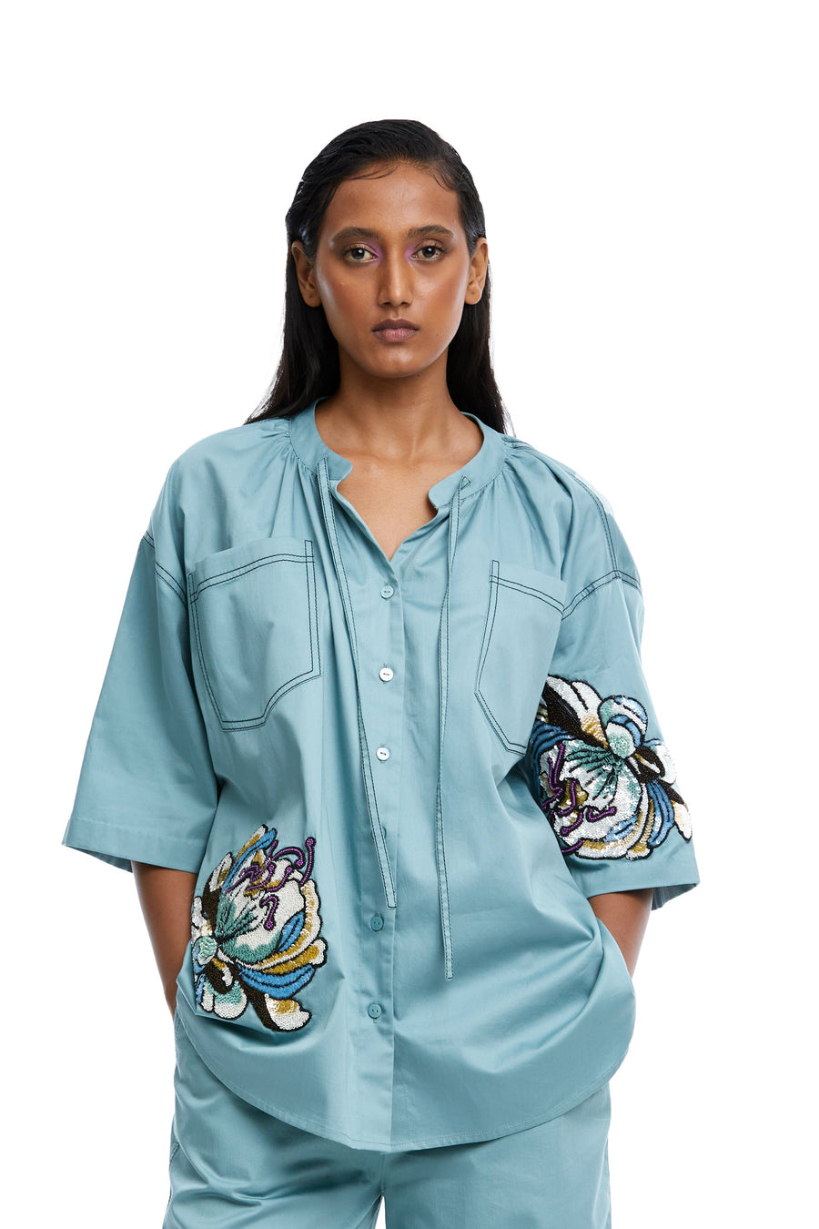 'Elara' Embellished Tie Neck Shirt - Kanika Goyal Label