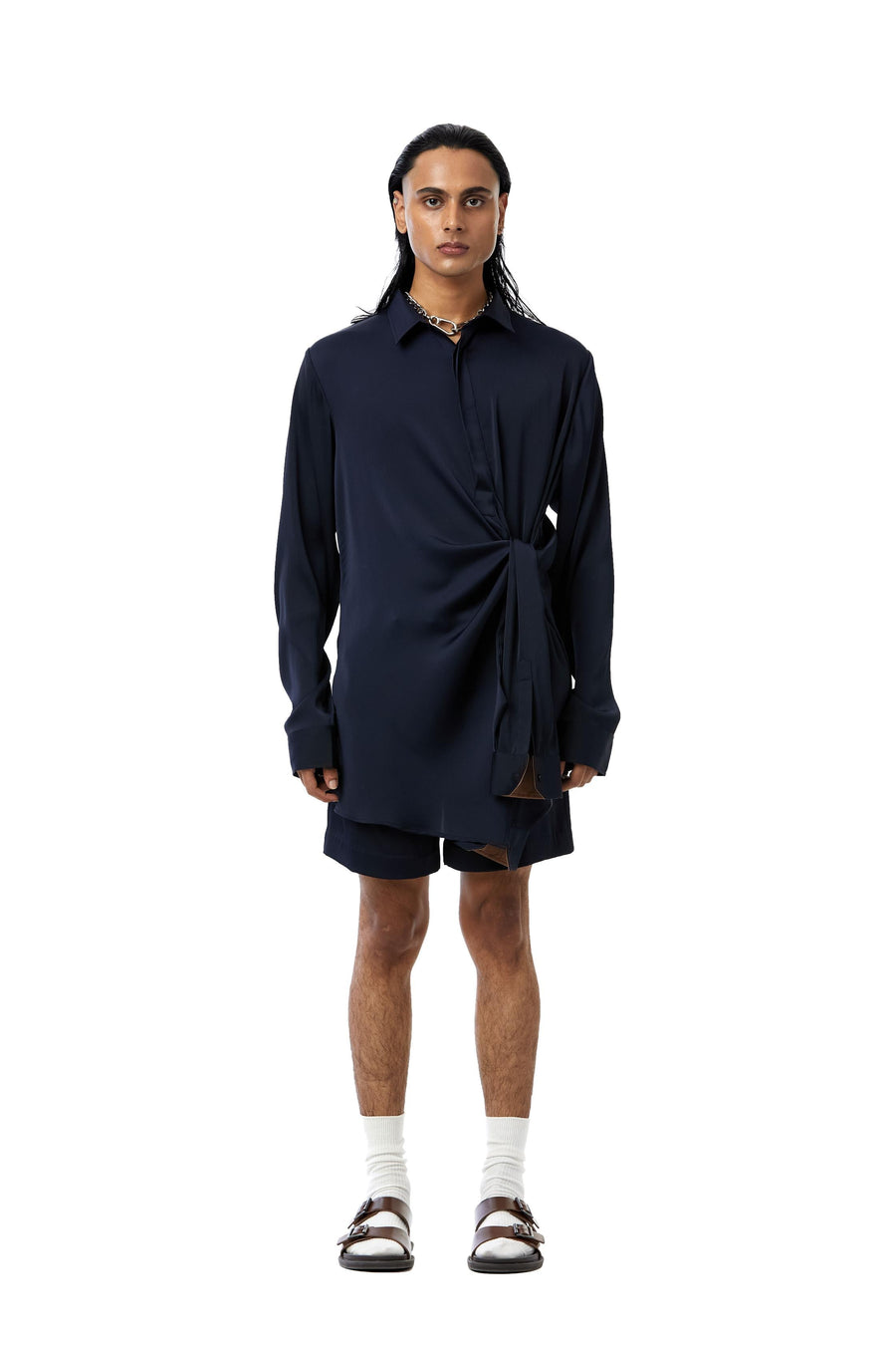 Full sleeves satin tie up shirt matching shorts - Kanika Goyal Label