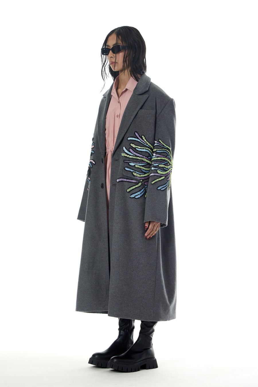 'Sea Whip' Embellished Long Wool Coat - Kanika Goyal Label